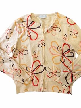 Oliver Perry Silk Blend Cardigan Sweater Beige Floral Abstract 75% Silk Petite